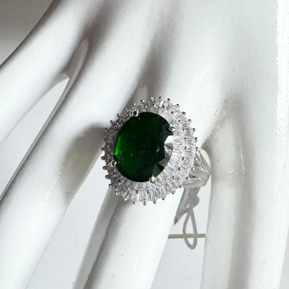 Cate D'Argent Green Stone Sterling Silver CZ Larg Coctail Ring 9 - Picture 8 of 11